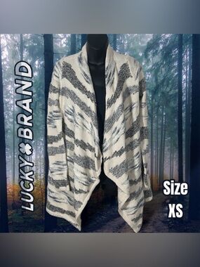 Lucky Brand Womens Waterfall Long Cardigan Cream Blue Cotton Wool Blend Size XS